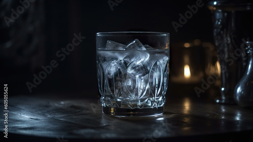 Glass of water with ice on the table in the dark room. Clean water glass. Transparent cocktail with ice in a glass. Realistic 3D illustration. Generative AI