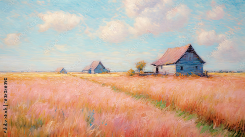 Abstract painting with a field cottage