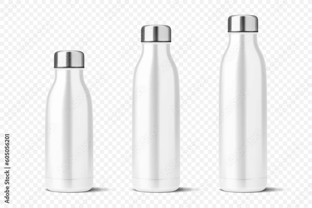 Vector Realistic 3d White Empty Glossy Metal Reusable Water Bottle with Silver Bung Set Closeup Isolated. Design template of Packaging Mockup. Front View Vector Realistic 3d White Empty Glossy Metal Reusable Water Bottle with Silver Bung Set Closeup Isolated. Design template of Packaging Mockup. Front View