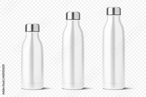 Vector Realistic 3d White Empty Glossy Metal Reusable Water Bottle with Silver Bung Set Closeup Isolated. Design template of Packaging Mockup. Front View