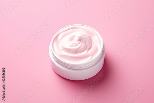 Opened white plastic jar with cream isolated on a pink background. A simple mockup of cosmetic cream in a round jar. Top view of body or hands cream. Generative AI professional photo imitation.