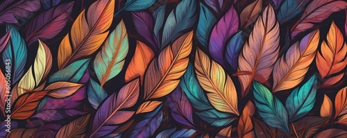 a horizontal backgound with Colorfully drawn leaves, graphic pattern, Nature-themed, , photorealistic illustrations in a JPG. Generative AI