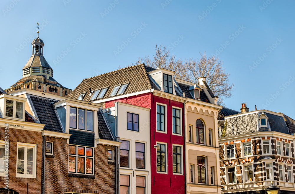 Utrecht, Netherlands - April 2, 2023: Classic architecture of the buildings in old town Utrecht
