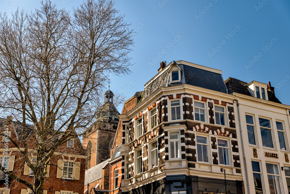 Utrecht, Netherlands - April 2, 2023: Classic architecture of the buildings in old town Utrecht
