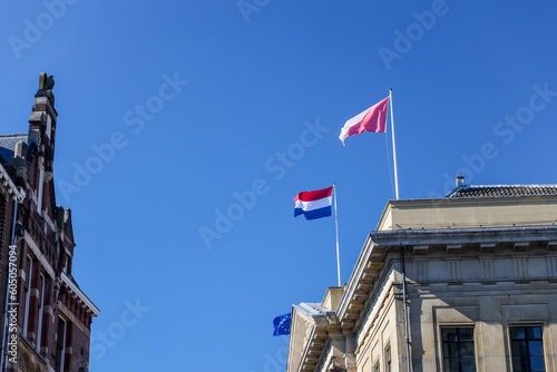 Utrecht, Netherlands - April 2, 2023: Regional and national flags of the Netherlands and the EU in old town Utrecht 