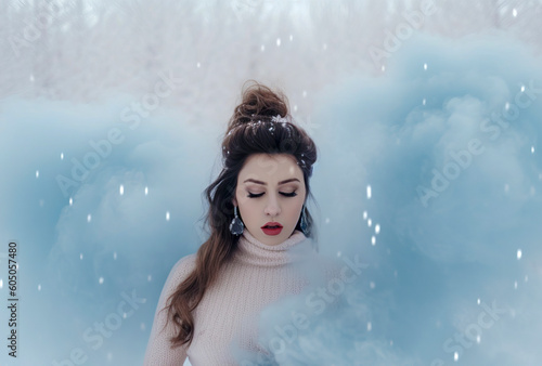 Whispering Shadows: Unveiling the Enigmatic Beauty of a Brunette Woman amidst Blue Smoke in a Snowy Forest, ai genertaive