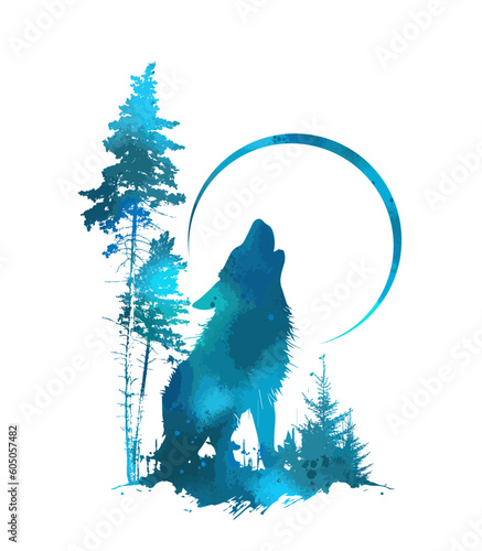 The wolf howls at the moon graphics. blue werewolf. Tattoo, t-shirt print. Vector illustration