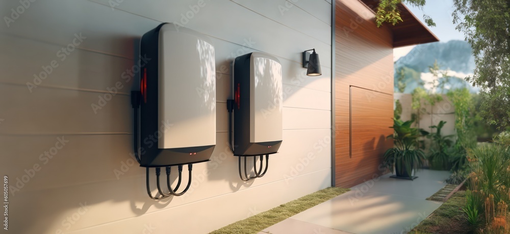 battery packs alternative electric energy storage system at home garage wall as backup or sustainable energy concepts - Generative AI - obrazy, fototapety, plakaty 