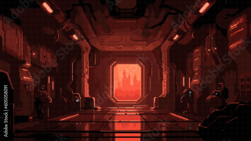 pixel art game level background, 8 bit, dungeon, underground arcade video game, catacomb, dark scene, alien ship interior, vector illustration