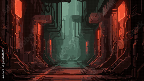pixel art game level background, 8 bit, dungeon, underground arcade video game, catacomb, dark scene, alien ship interior, vector illustration