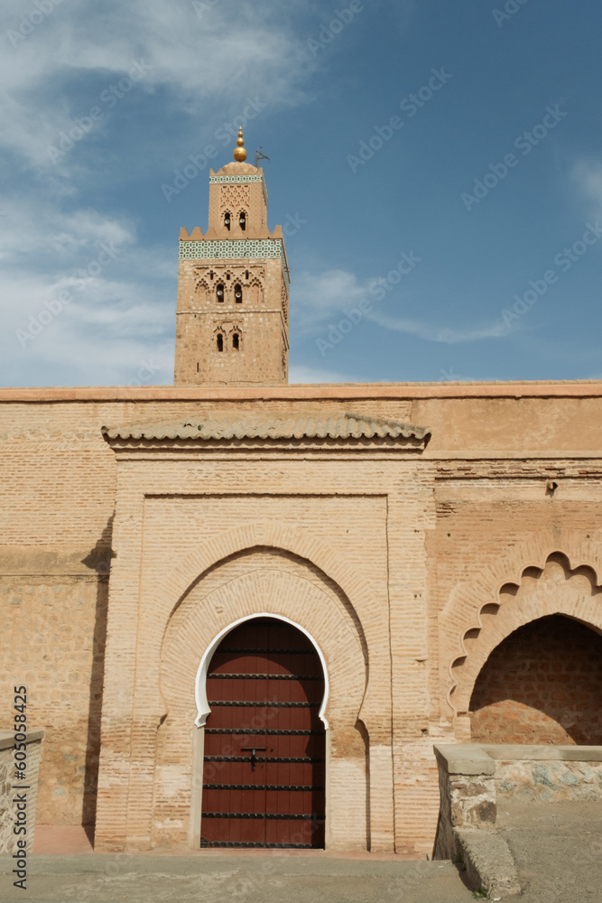 Moroccan mosque and moorish arch and door design  in the city of Marrakech