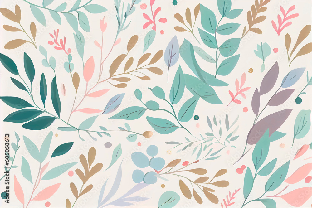 Delicate patterns of leaves and branches in pastel colors. Generative AI. Delicate patterns of leaves and branches in pastel colors. Generative AI.
