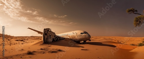 crashed airplane in the middle of the desert crash site as wide banner with copyspace area - Generative AI photo