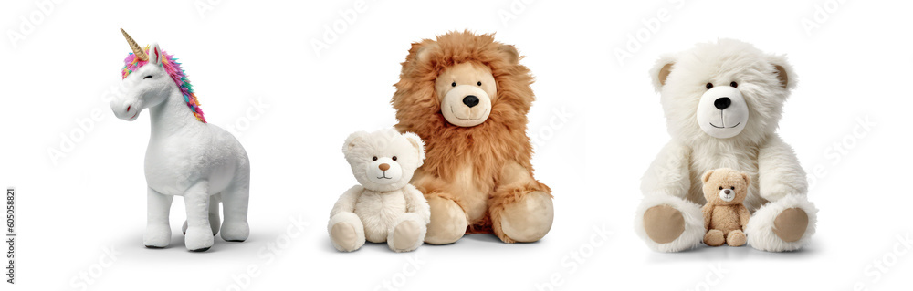 Obraz premium cutout set of 3 stuffed animal toys isolated on transparent png background - Generative AI