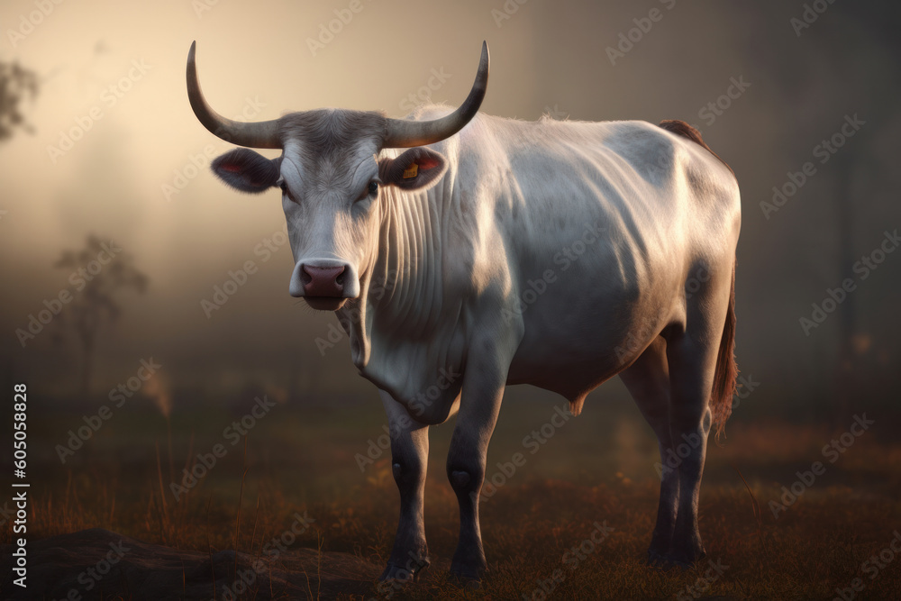 A tranquil and idyllic scenery of a cow grazing on a lush green meadow in the countryside surrounded by nature. AI Generative. A tranquil and idyllic scenery of a cow grazing on a lush green meadow in the countryside surrounded by nature. AI Generative.