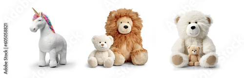 cutout set of 3 stuffed animal toys isolated on transparent png background - Generative AI © sizsus