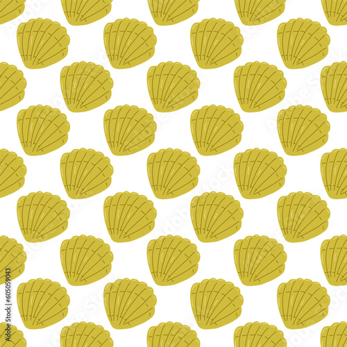 Color seamless pattern of various summer elements. Beige shells. Fashion design, packaging, background. Vector flat illustration.