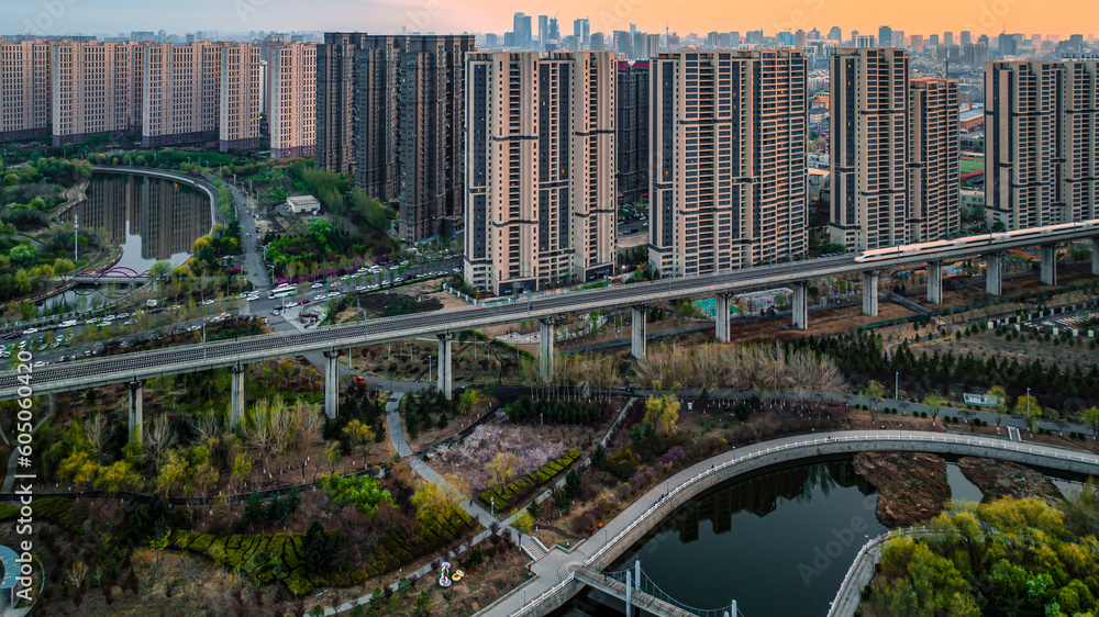 Fototapeta premium Landscape of buildings along the Yitong River in Changchun, China