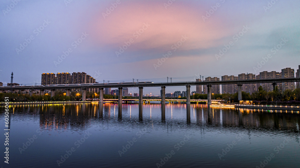 Landscape of buildings along the Yitong River in Changchun, China