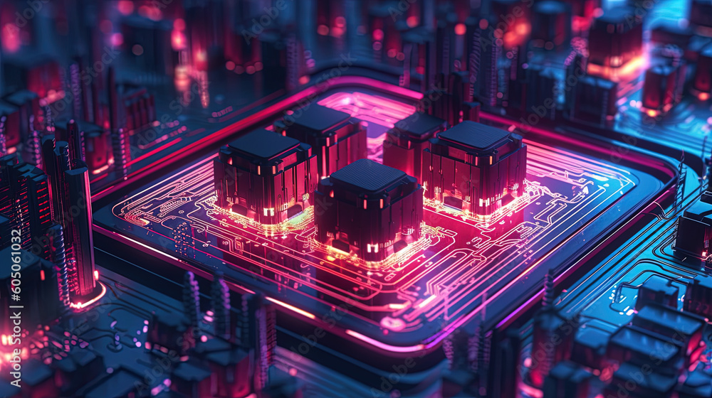 Neon Circuitry: Immersing in the Mesmerizing Architecture of a Circuit Board with Radiant Neon Elements. Ai Generative.