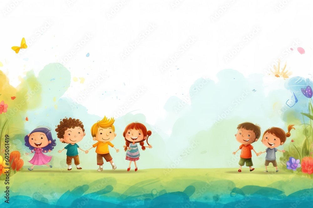 Happy children illustration playing outdoor, generative ai