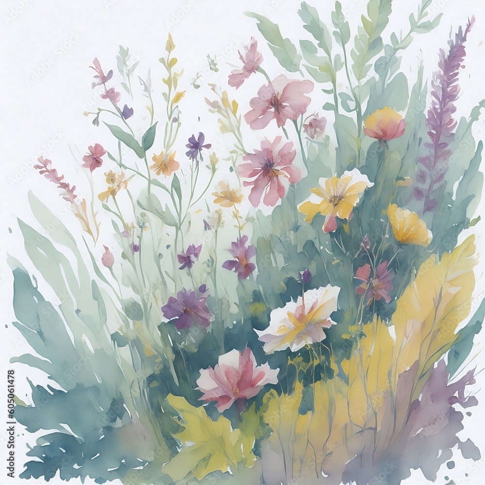Watercolor Illustration of Summer Flowers in Pastel Colors - AI Generated