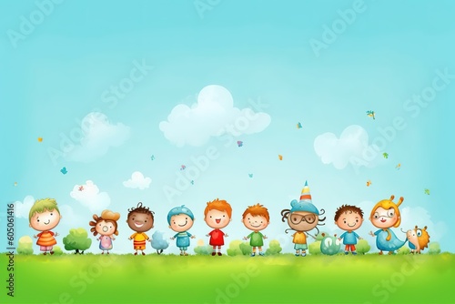 Happy children illustration playing outdoor, generative ai