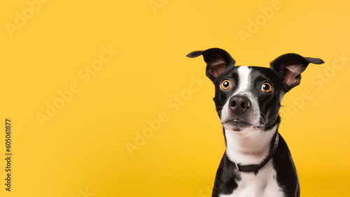 Advertising portrait, banner of a black and white funny dog, with yellow eyes and a surprised look, isolated on a neutral yellow background. Generated Ai
