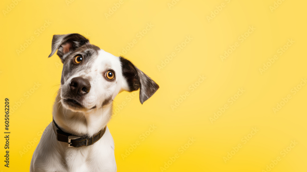 Advertising portrait, banner, of a black and white spotted dog, with head tilted, and a leather collar, isolated on a neutral orange background. Generated Ai. Advertising portrait, banner, of a black and white spotted dog, with head tilted, and a leather collar, isolated on a neutral orange background. Generated Ai.