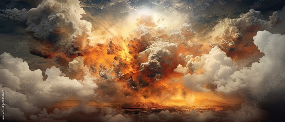 Breathtaking beauty of a fiery sunset over the sea, with vibrant colors and a sky ablaze in a captivating firestorm. Fire explosion in the sky. Illustration created with Generative AI.