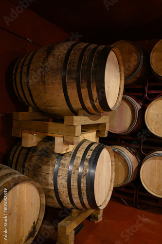 Production of fortified jerez, xeres, sherry wines in dark oak barrels in sherry triangle, Jerez la Frontera, El Puerto Santa Maria and Sanlucar Barrameda Andalusia, Spain