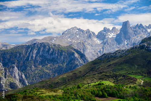 View on Naranjo de Bulnes or Picu Urriellu, limestone peak dating from Paleozoic Era, located in Macizo Central region of Picos de Europa, mountain range in Asturias, Spain