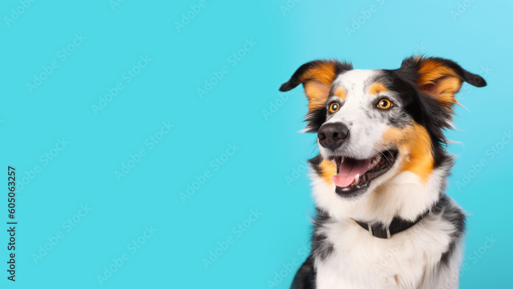 Advertising portrait, banner of a colored dog, with a white chest, smiling open mouth, isolated on a neutral blue background. Generated Ai