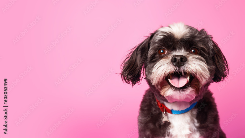 Advertising portrait, banner, small black white brown dog, smiling looking straight at the camera, isolated on purple background, Generated Ai. High quality illustration Generative AI
