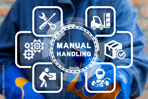 Worker or engineer using virtual touch screen sees inspiration: MANUAL HANDLING. Industrial concept of manual handling. Right and Wrong Manual Handling and Lifting of Heavy Goods.