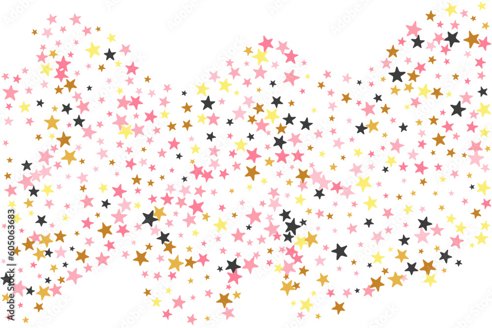 Fashionable black pink gold stars random vector illustration. Many stardust spangles holiday decoration particles. Baby shower stars random texture. Sparkle symbols banner decor.