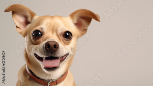 Advertising portrait, banner, smiling chihuahua with raised ears, funny look and tongue sticking out, isolated on gray background. Generated Ai. High quality illustration Generative AI © NK Project
