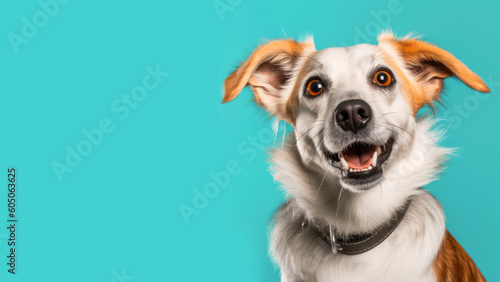 Advertising portrait, banner, smiling white-red spotted dog with a surprised look and raised ears, isolated on a blue background. Generated Ai. High quality illustration Generative AI