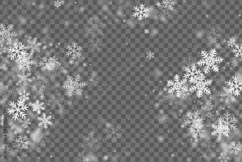 Chaotic falling snow flakes wallpaper. Wintertime speck frozen shapes. Snowfall sky white transparent backdrop. Little snowflakes new year theme. Snow cold season landscape.
