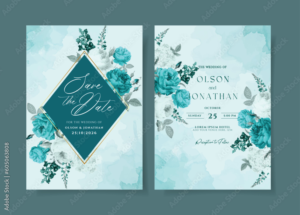 Wedding invitation card template with romantic flower decoration