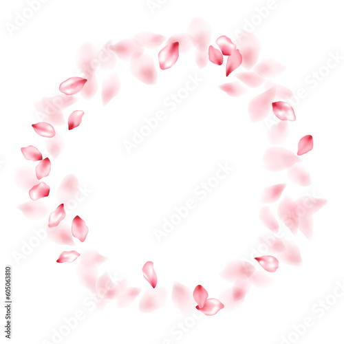 Pink sakura flower flying petals isolated on white vector background.