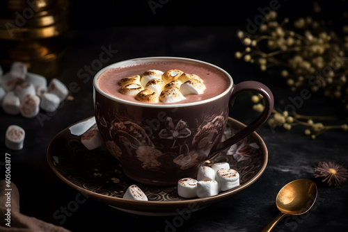 Hot chocolate with marsmallow candies. Neural network AI generated art Generative AI photo