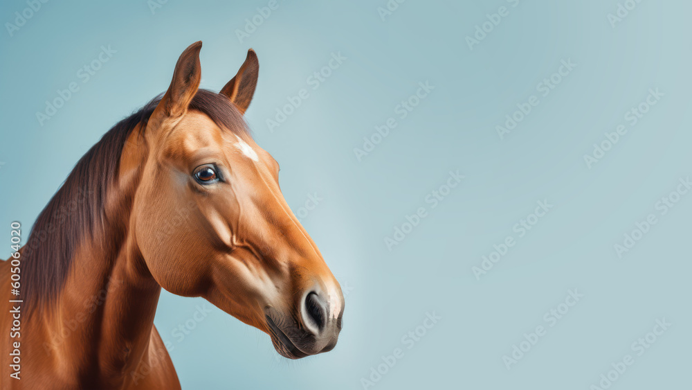 Advertising portrait, banner, noble expensive brown horse with perfect coat, simple look, isolated on neutral blue-gray background. Generated Ai. High quality illustration Generative AI