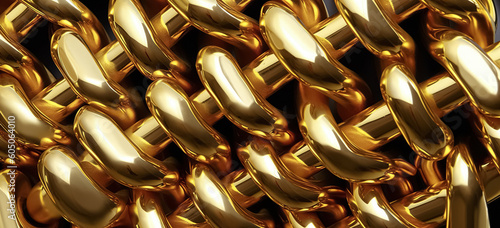 Massive golden braided chain on a dark background. Golden heavy metal chain texture.	