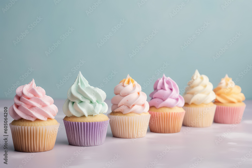 Tasty cupcakes with a high, creamy swirls stand in rows on a pastel colored background. Front view of delicious cupcakes in paper cups with swirl whipped cream. Generative AI photo imitation.