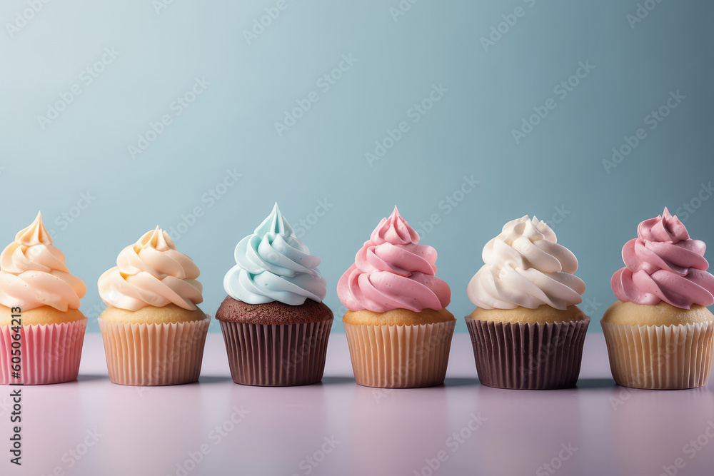 Tasty cupcakes with a high, creamy swirl stand in rows on a pastel blue background. Front view of delicious cupcakes in paper cups with swirl whipped cream. Generative AI photo imitation.