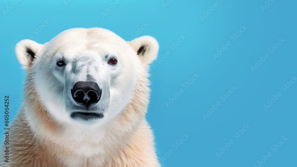 Advertising portrait, banner, polar bear looking directly at the camera with a serious look, isolated on a blue background. Generated Ai. High quality illustration Generative AI Advertising portrait, banner, polar bear looking directly at the camera with a serious look, isolated on a blue background. Generated Ai. High quality illustration Generative AI