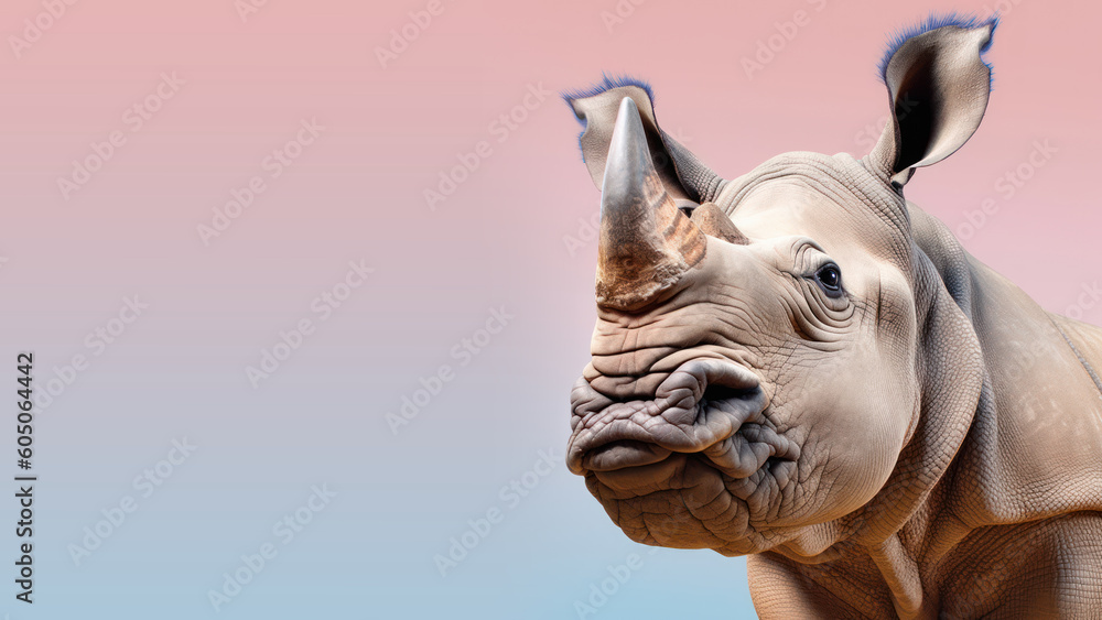 Advertising portrait, banner, dangerous brown rhinoceros shown waist-length looking from right to left, isolated on blue-pink neutral background. Generated Ai. High quality illustration Generative AI