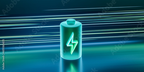Cuadro en lienzo Glowing green power neon futuristic energy storage, high capacity rechargeable lithium ion battery, 3D rendering light trail of future electric vehicle clean energy technology concept