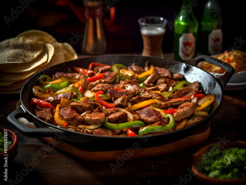 delicious fajitas on the table. mexican food. table setting. Generative AI.